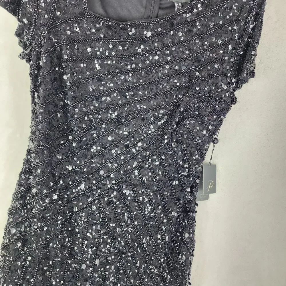 Adrianna Papell Cocktail Dress Women 14 Black Sequin & Beaded Mid Length Party